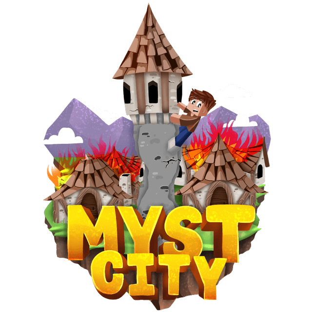 MystCity — a burning tower rising over a blocky medieval city