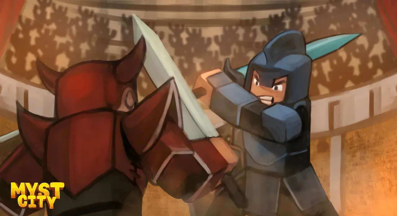 Two armored knights duel in the colosseum